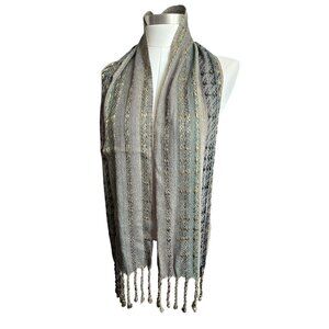 Handwoven Scarf Metallic Accent Fringe Green Gold and Black 72" CM2005
